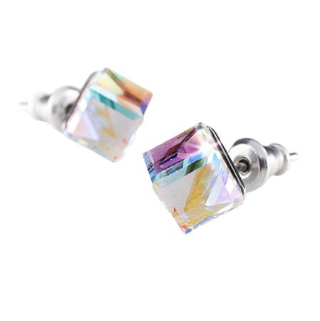 Fülbevaló, kocka, színjátszós opál SWAROVSKI® kristállyal, 6mm, ART CRYSTELLA®